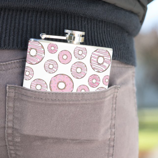 Pattern Of Doughnuts, Pink Doughnuts, Sprinkles Hip Flask (In Situ)