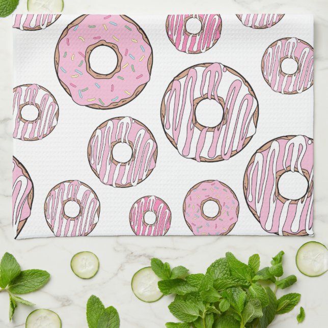 Pattern Of Doughnuts, Pink Doughnuts, Sprinkles Kitchen Towel (Folded)
