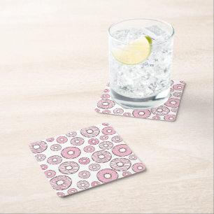 Pattern Of Doughnuts, Pink Doughnuts, Sprinkles Square Paper Coaster