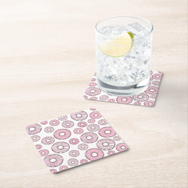 Pattern Of Doughnuts, Pink Doughnuts, Sprinkles Square Paper Coaster (Insitu)