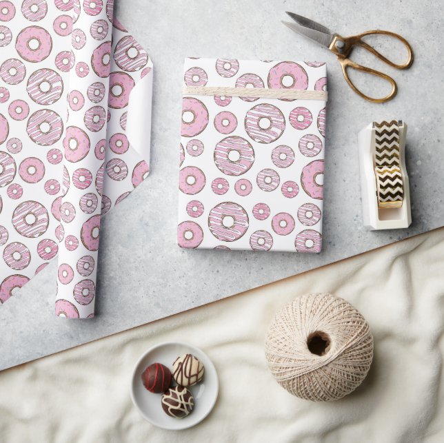 Pattern Of Doughnuts, Pink Doughnuts, Sprinkles Wrapping Paper (Crafts)