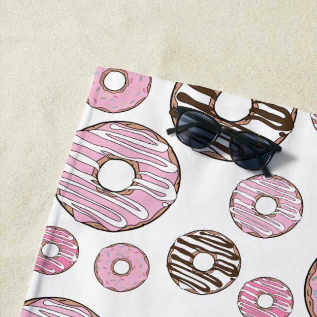Pattern Of Doughnuts, Pink Doughnuts, White Doughn Beach Towel (In Situ)