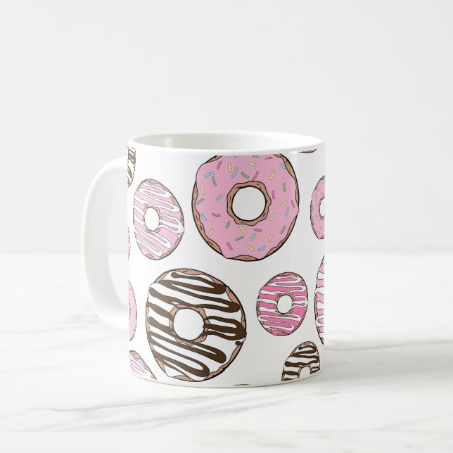 Pattern Of Doughnuts, Pink Doughnuts, White Doughn Coffee Mug (Front Left)