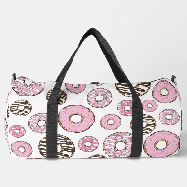 Pattern Of Doughnuts, Pink Doughnuts, White Doughn Duffle Bag (Front)