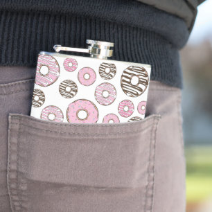 Pattern Of Doughnuts, Pink Doughnuts, White Doughn Hip Flask