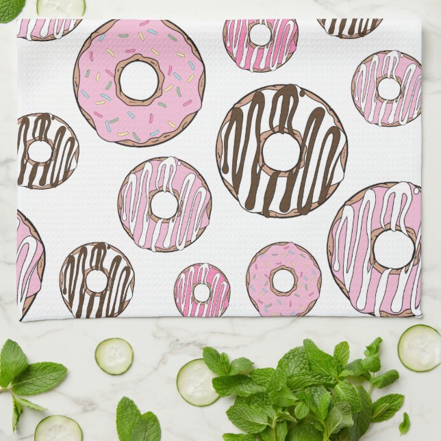 Pattern Of Doughnuts, Pink Doughnuts, White Doughn Kitchen Towel (Folded)