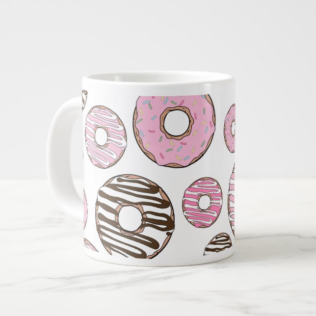 Pattern Of Doughnuts, Pink Doughnuts, White Doughn Large Coffee Mug (Front Left)