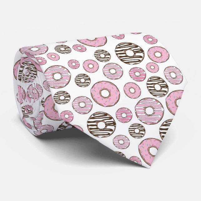 Pattern Of Doughnuts, Pink Doughnuts, White Doughn Tie (Rolled)