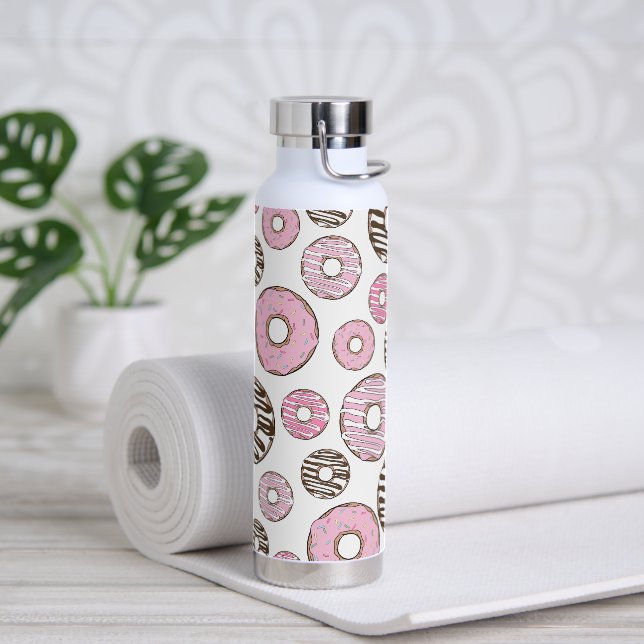 Pattern Of Doughnuts, Pink Doughnuts, White Doughn Water Bottle (Yoga)