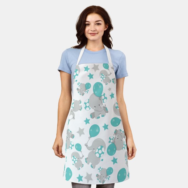 Pattern Of Elephants, Cute Elephants - Blue Grey Apron (Worn)