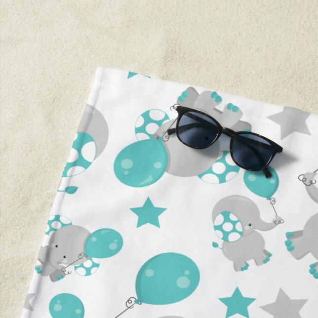 Pattern Of Elephants, Cute Elephants - Blue Grey Beach Towel (In Situ)