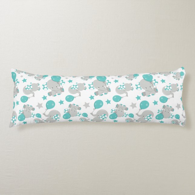 Pattern Of Elephants, Cute Elephants - Blue Grey Body Pillow (Front)