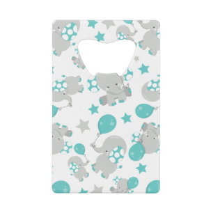 Pattern Of Elephants, Cute Elephants - Blue Grey Credit Card Bottle Opener