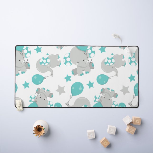 Pattern Of Elephants, Cute Elephants - Blue Grey Desk Mat (Kids Table)