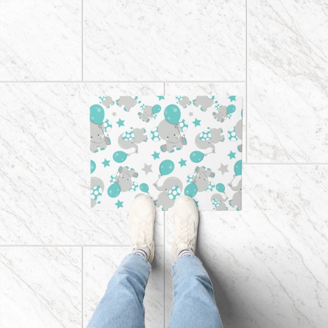 Pattern Of Elephants, Cute Elephants - Blue Grey Doormat (Indoor)
