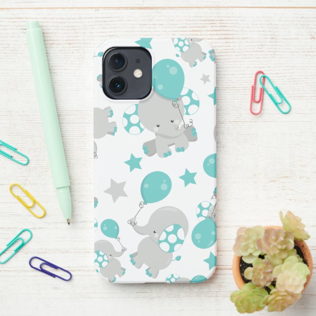 Pattern Of Elephants, Cute Elephants - Blue Grey iPhone Case (On Desk)