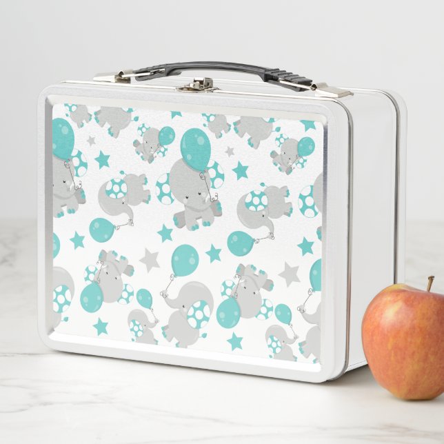 Pattern Of Elephants, Cute Elephants - Blue Grey Metal Lunch Box (In Situ)