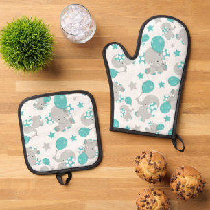 Pattern Of Elephants, Cute Elephants - Blue Grey Oven Mitt & Pot Holder Set