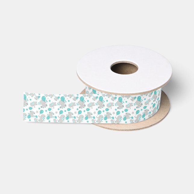 Pattern Of Elephants, Cute Elephants - Blue Grey Satin Ribbon (Spool)