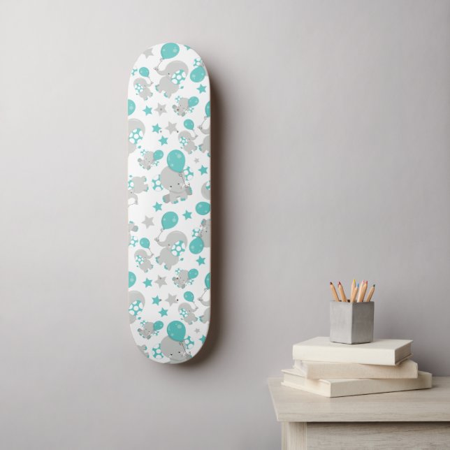 Pattern Of Elephants, Cute Elephants - Blue Grey Skateboard (Wall Art)