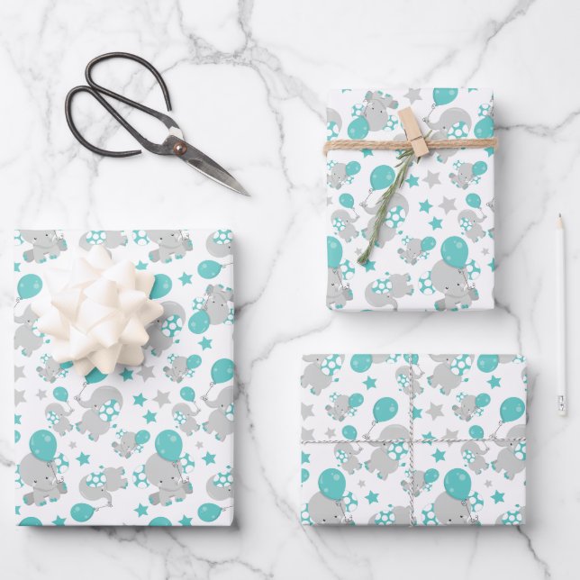 Pattern Of Elephants, Cute Elephants - Blue Grey Wrapping Paper Sheet (Front)