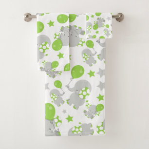 Pattern Of Elephants, Cute Elephants - Green Grey Bath Towel Set