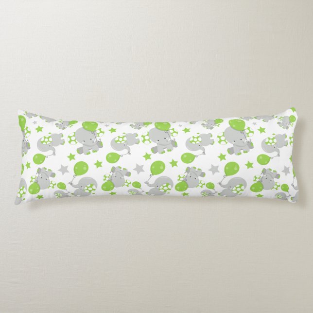 Pattern Of Elephants, Cute Elephants - Green Grey Body Pillow (Front)