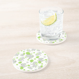 Pattern Of Elephants, Cute Elephants - Green Grey Coaster