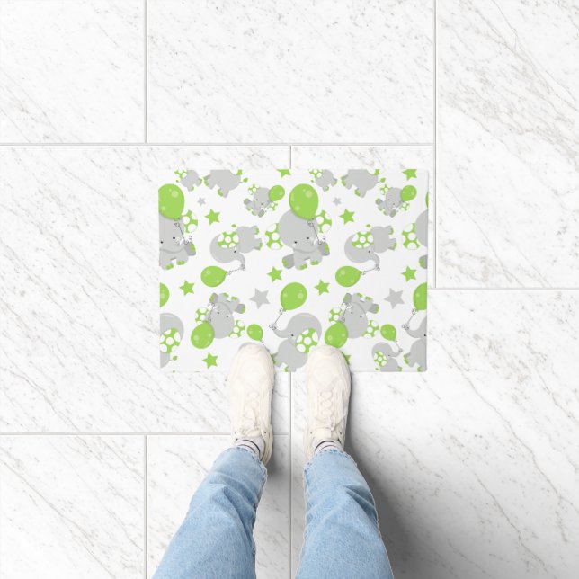 Pattern Of Elephants, Cute Elephants - Green Grey Doormat (Indoor)