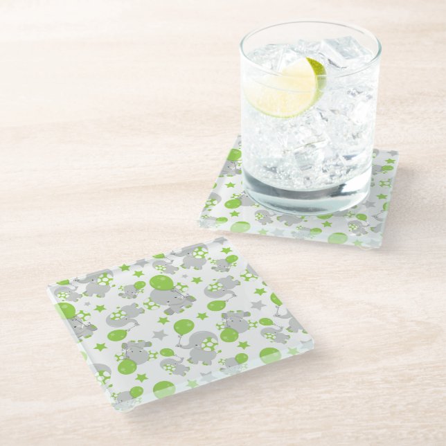Pattern Of Elephants, Cute Elephants - Green Grey Glass Coaster (Angled)