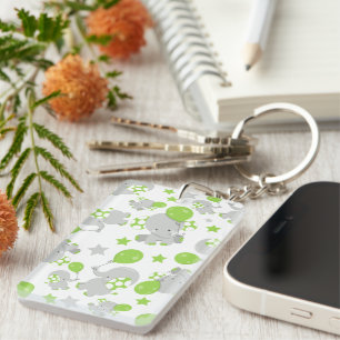 Pattern Of Elephants, Cute Elephants - Green Grey Keychain