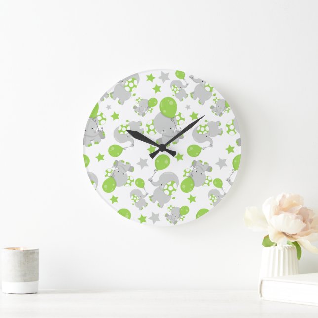 Pattern Of Elephants, Cute Elephants - Green Grey Large Clock (Home)