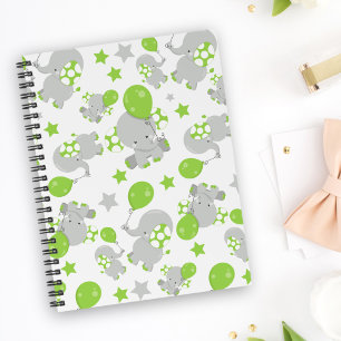 Pattern Of Elephants, Cute Elephants - Green Grey Notebook