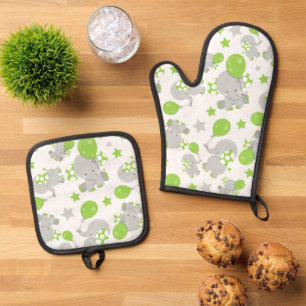 Pattern Of Elephants, Cute Elephants - Green Grey Oven Mitt & Pot Holder Set