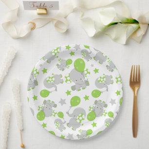 Pattern Of Elephants, Cute Elephants - Green Grey Paper Plate