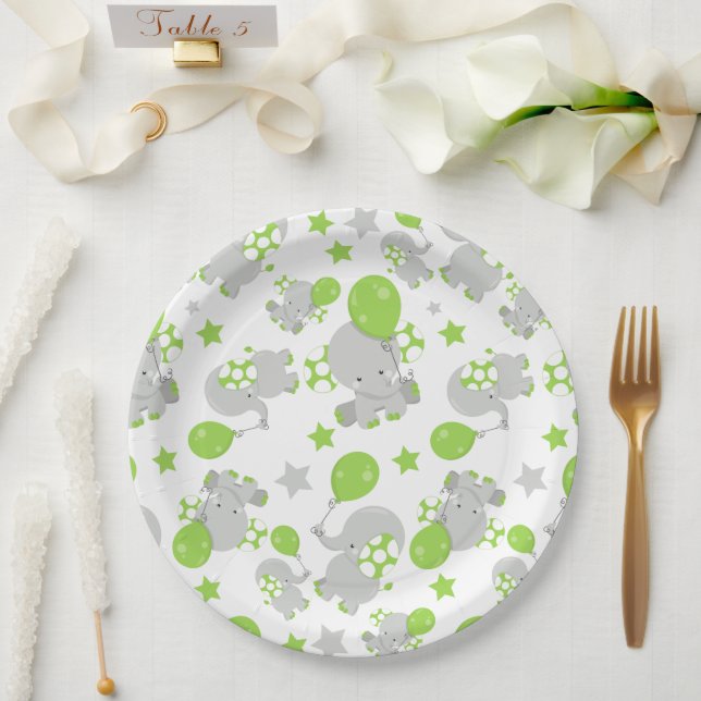 Pattern Of Elephants, Cute Elephants - Green Grey Paper Plate (Wedding)