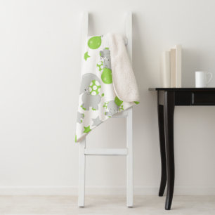 Pattern Of Elephants, Cute Elephants - Green Grey Sherpa Blanket