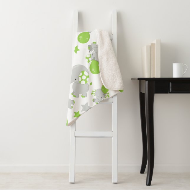 Pattern Of Elephants, Cute Elephants - Green Grey Sherpa Blanket (In Situ)