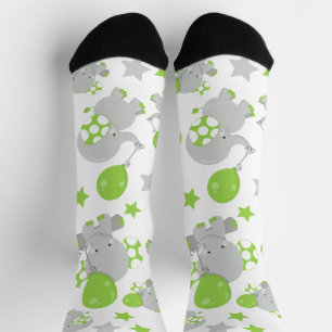 Pattern Of Elephants, Cute Elephants - Green Grey Socks