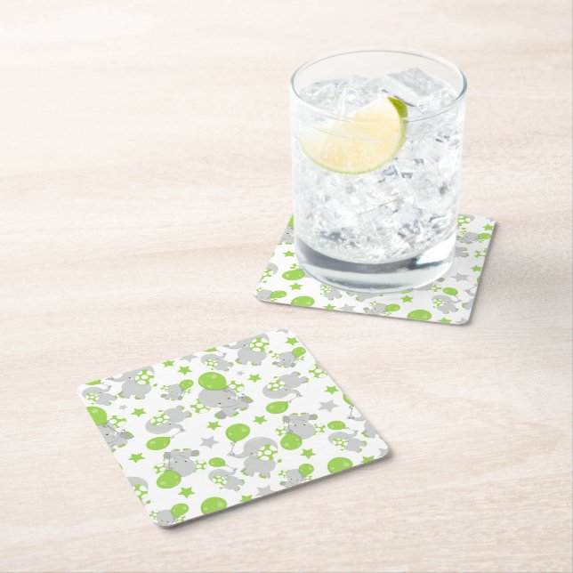 Pattern Of Elephants, Cute Elephants - Green Grey Square Paper Coaster (Insitu)