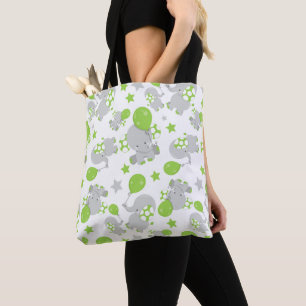 Pattern Of Elephants, Cute Elephants - Green Grey Tote Bag