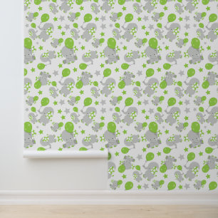 Pattern Of Elephants, Cute Elephants - Green Grey Wallpaper