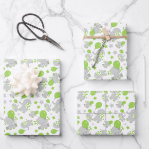 Pattern Of Elephants, Cute Elephants - Green Grey Wrapping Paper Sheet