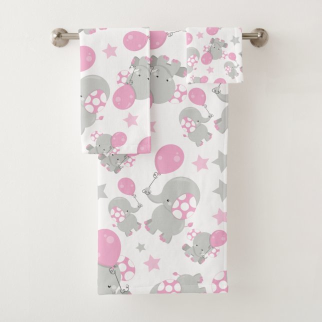 Pattern Of Elephants, Cute Elephants - Pink Grey Bath Towel Set (Insitu)