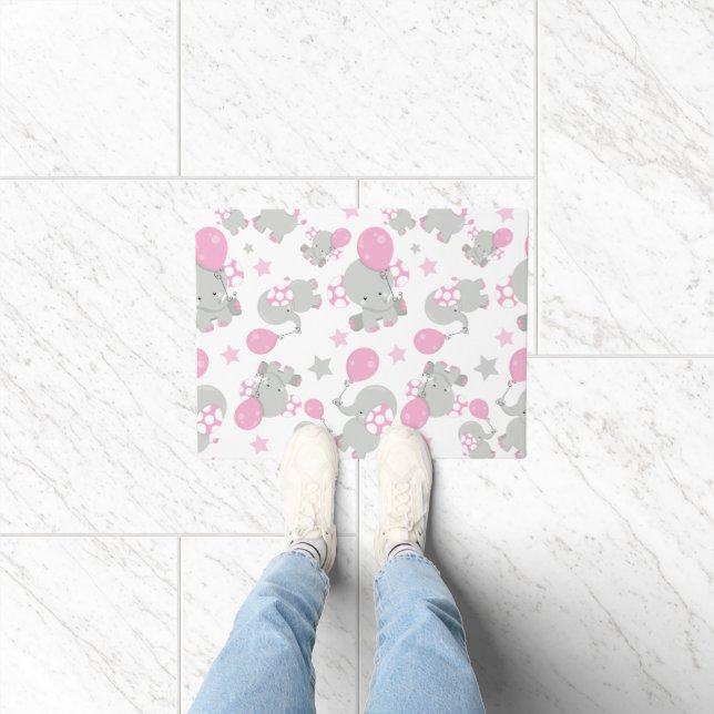 Pattern Of Elephants, Cute Elephants - Pink Grey Doormat (Indoor)
