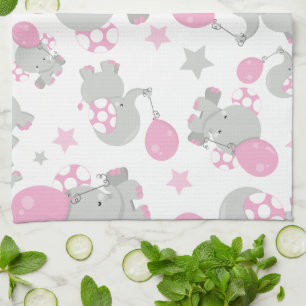 Pattern Of Elephants, Cute Elephants - Pink Grey Kitchen Towel