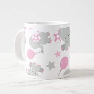 Pattern Of Elephants, Cute Elephants - Pink Grey Large Coffee Mug