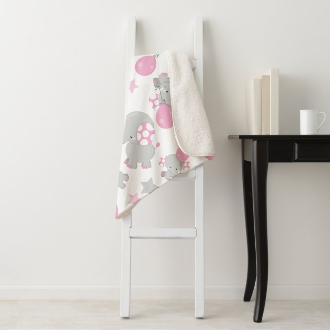 Pattern Of Elephants, Cute Elephants - Pink Grey Sherpa Blanket (In Situ)