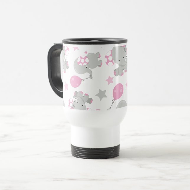 Pattern Of Elephants, Cute Elephants - Pink Grey Travel Mug (Front Left)