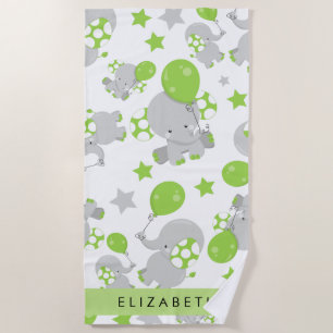 Pattern Of Elephants, Cute Elephants, Your Name Beach Towel